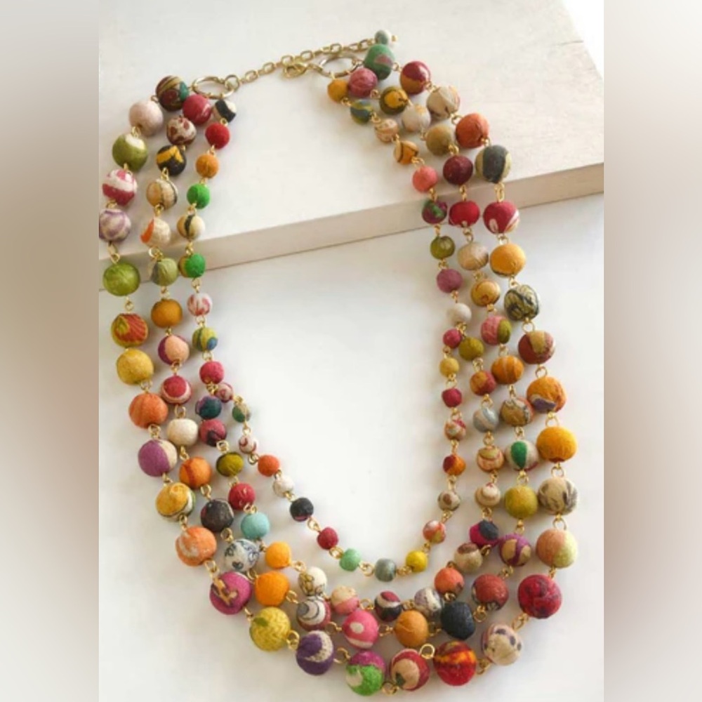 Kantha Multi Strand Colorful Textile Handmade Gold Tone Beaded Exotic Necklace